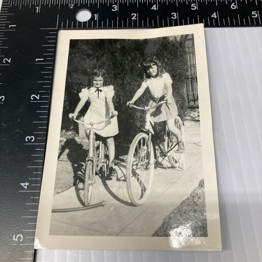 Girls on Bicycles 1940s Snapshot Photograph Americana Childhood Fun